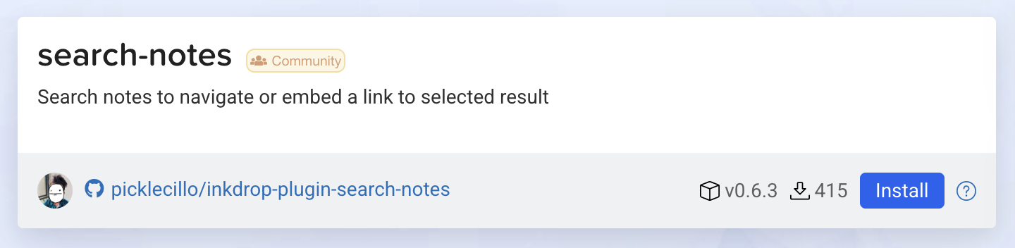 search-notes on the Inkdrop plugin registry, v0.6.3, 415 installs